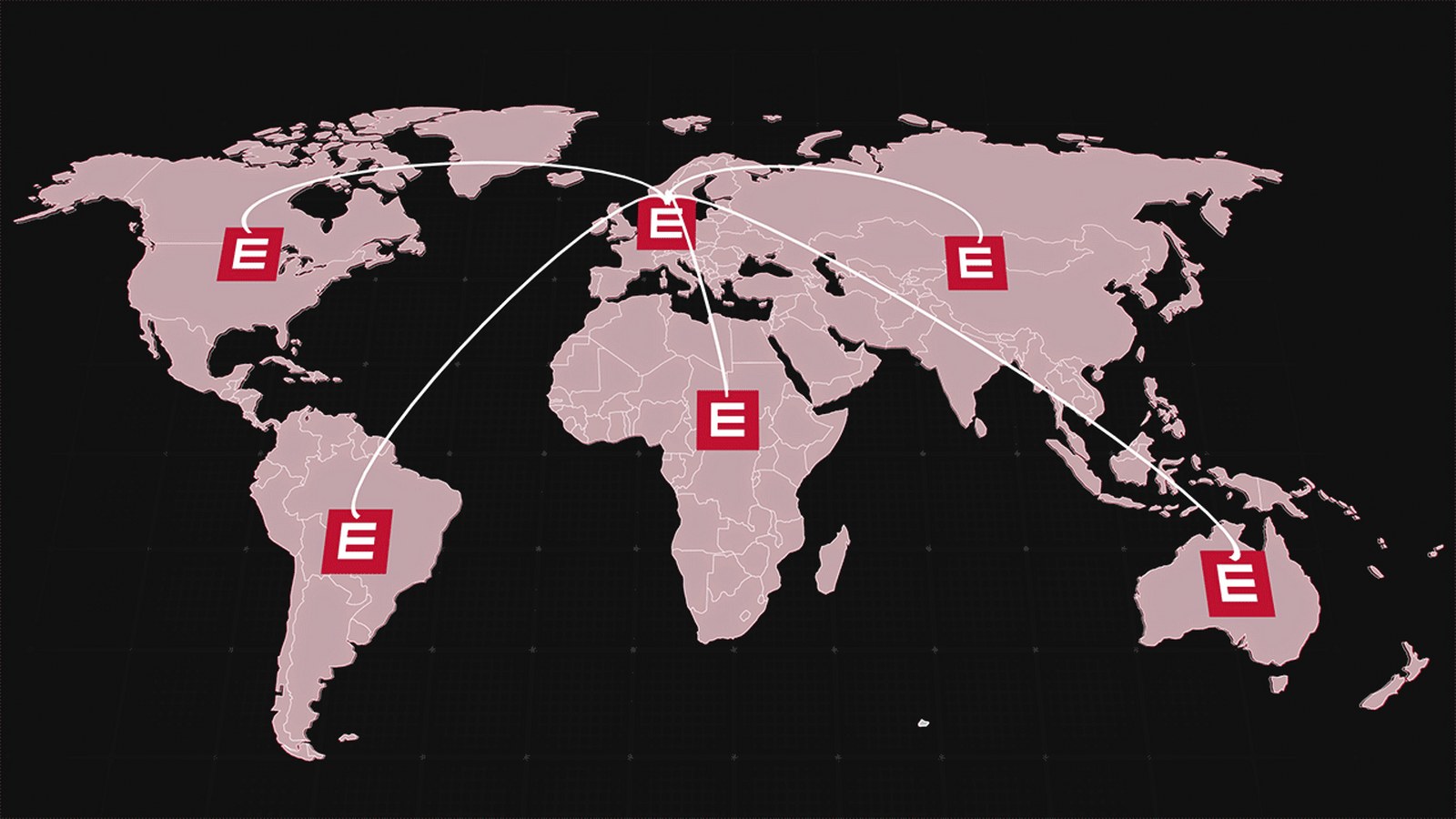 mapa w kolorach Element Logic z firmowym logo na każdym kontynencie